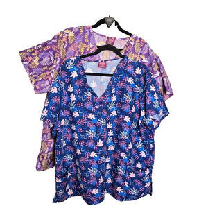 Lot of 2 Divine Curves 3X Scrub Tops V-Neck Short Sleeves Colorful Floral